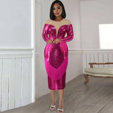 Faux V Neck Sequ Dress See Through Tassel Patchwork Party Dress